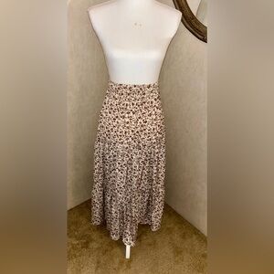 Long Brown & white floral skirt, elastic waist
